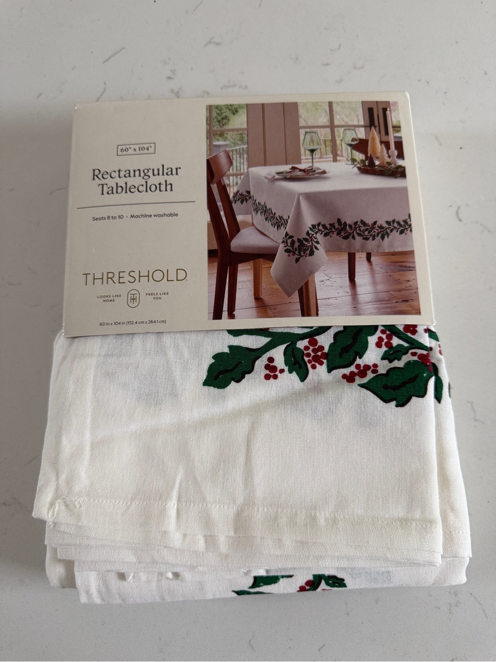 Threshold White Rectangular Holly Tablecloth 60” x 104” NWT